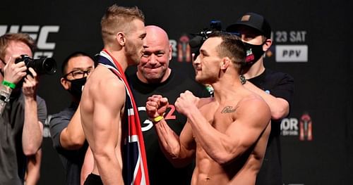 UFC lightweight fighters Dan Hooker (left) and Michael Chandler (right)