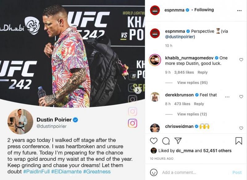 Khabib Nurmagomedov comments on a post shared by ESPN MMA
