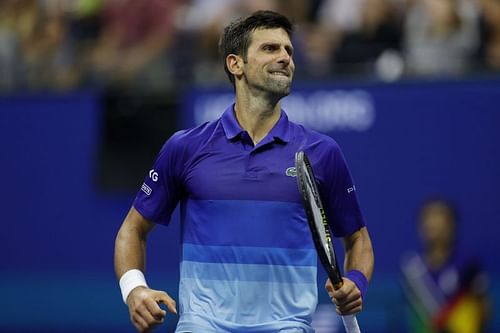 Novak Djokovic pumps himself up during his fourth-round encounter against Jenson Brooksby at the US Open