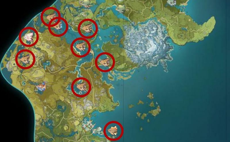 Locations of fishing spots in Liyue (Image via Appsample)