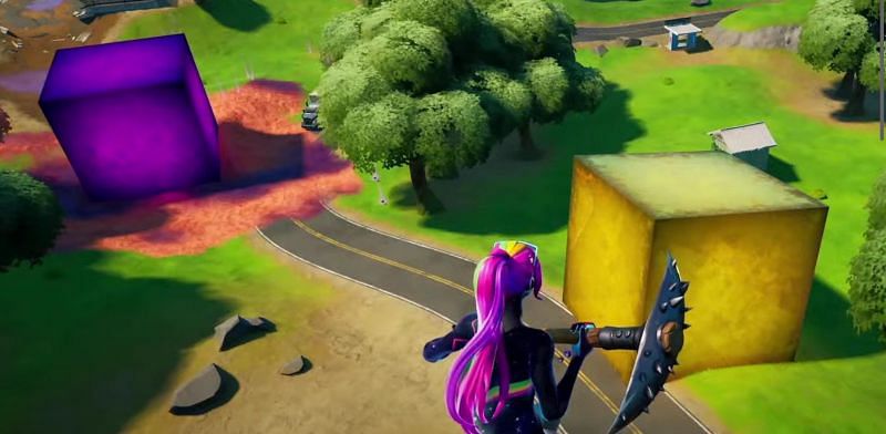 Kevin the Cube and the Golden Cube near Steamy Stacks in Fortnite Chapter 2 Season 8 (Image via Fortnite)