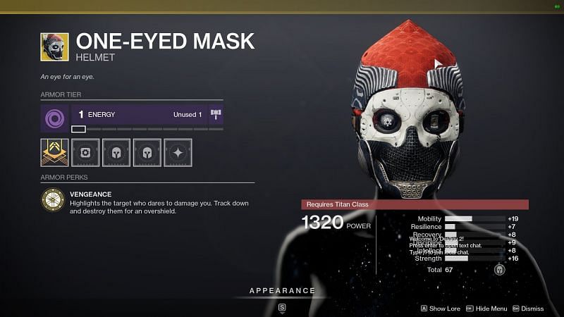 One-Eyed Mask exotic headgear (Image via Bungie)