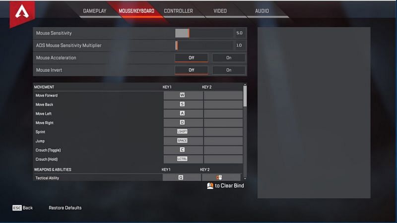 Keybind options in keyboard and mouse settings (Image via Respawn Entertainment)