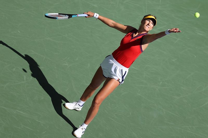 Victoria Azarenka serves during the 2021 US Open