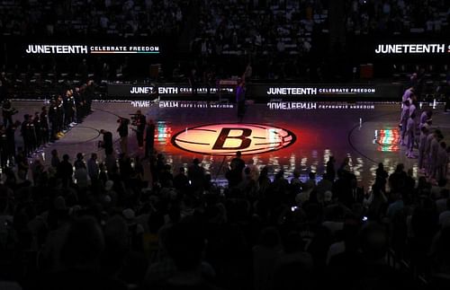 Brooklyn Nets players line up at the Barclays Center before an Eastern Conference Semifinals game