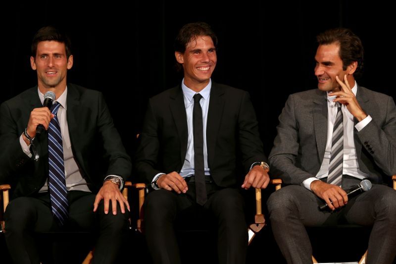 Novak Djokovic, Rafael Nadal and Roger Federer (L to R)