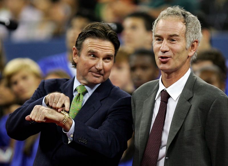 John McEnroe and Jimmy Connors (L) pose at the 2006 US Open