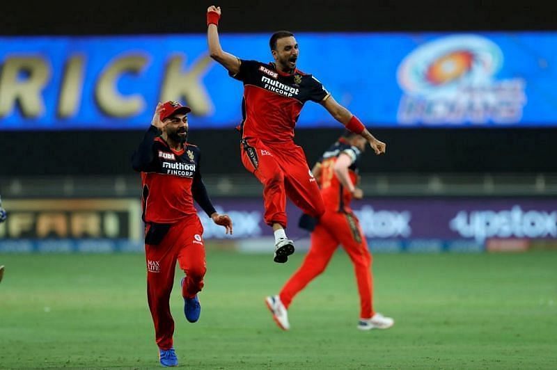 Harshal Patel celebrates his hat-trick against MI. Pic: IPLT20.COM