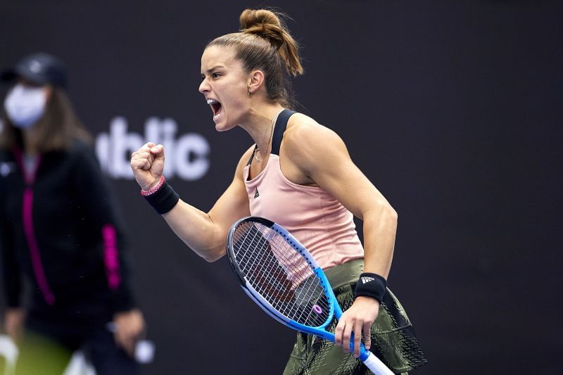 Maria Sakkari celebrates a point at the J&amp;T Banka Ostrava Open 2021