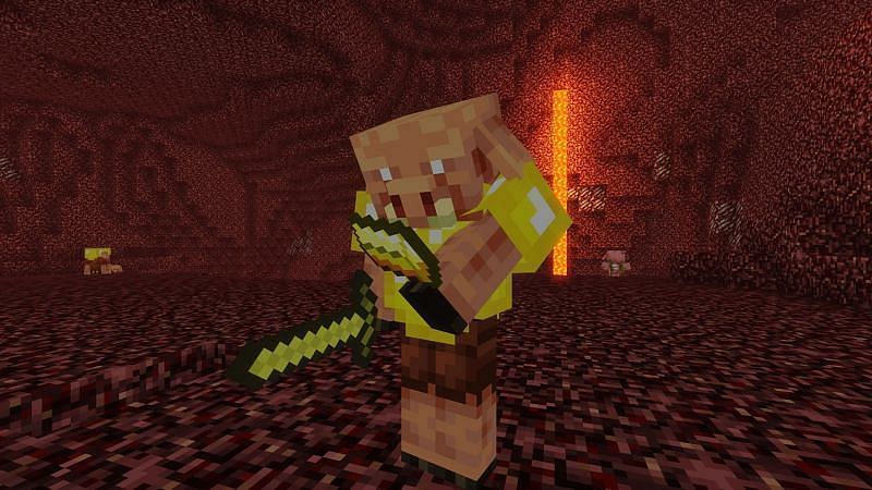 A piglin in partial gold armor contemplates a barter (Image via Minecraft)