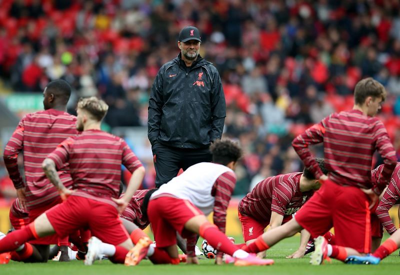 Liverpool boss Jurgen Klopp looks on as his side warms up.