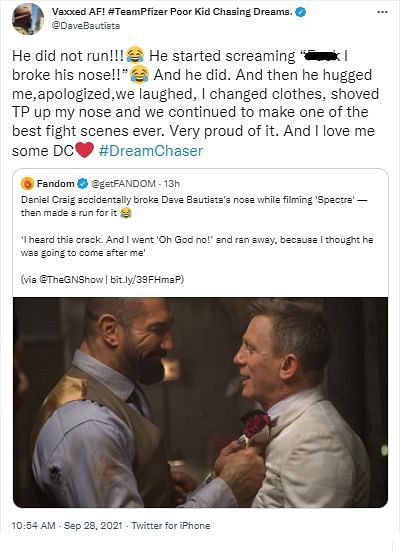 Batista shares the story of how Daniel Craig broke his nose