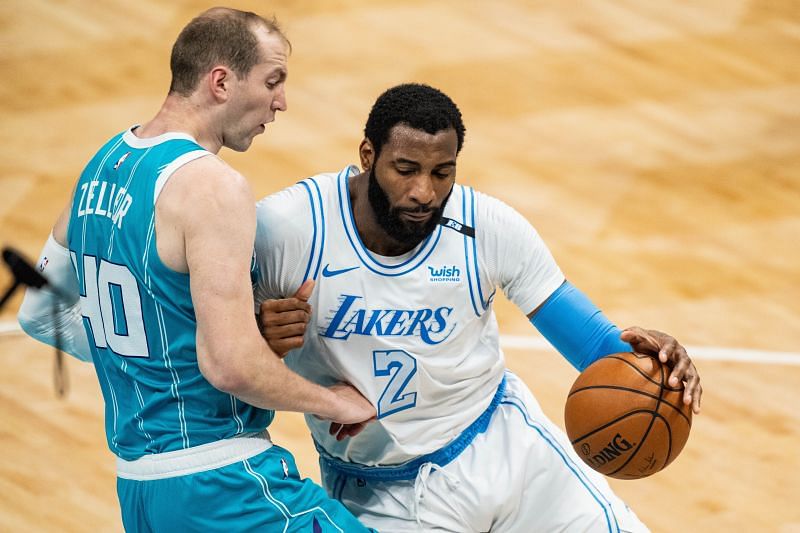 Andre Drummond #2 of the Los Angeles Lakers fouls Cody Zeller #40 of the Charlotte Hornets in the second quarter during their game at Spectrum Center on April 13, 2021 in Charlotte, North Carolina.