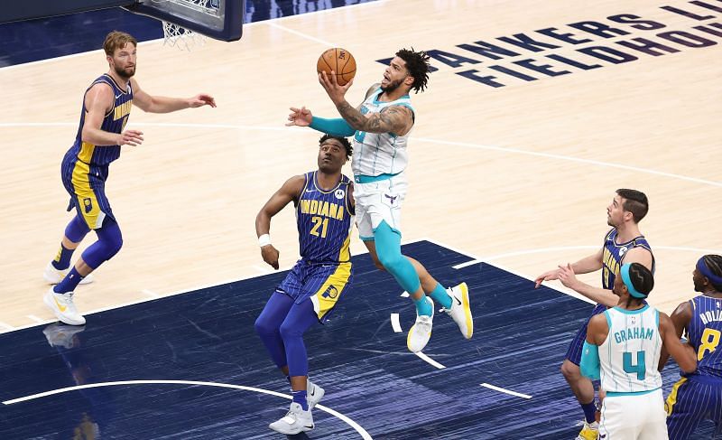 Miles Bridges #0 of the Charlotte Hornets shoots the ball against the Indiana Pacers during the 2021 NBA Play-In Tournament at Bankers Life Fieldhouse on May 18, 2021 in Indianapolis, Indiana.