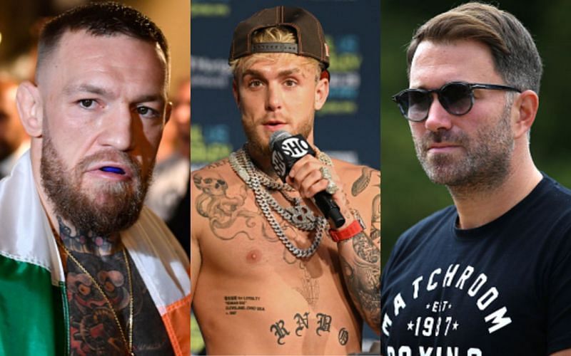 Conor McGregor (left), Jake Paul (center) and Eddie Hearn (right)