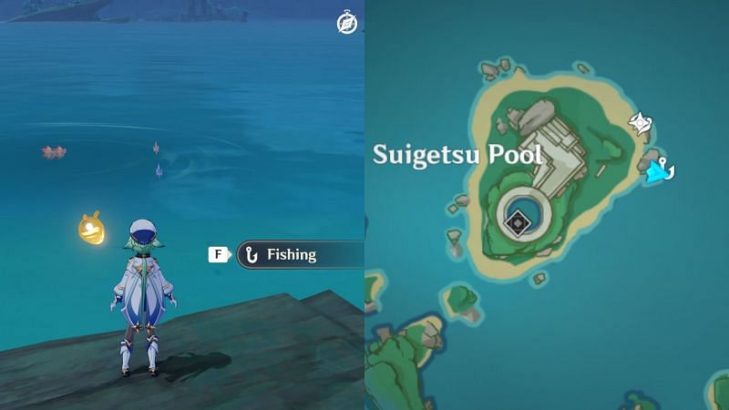 The fishing spot at Suigetsu Pool (Image via Genshin Impact)