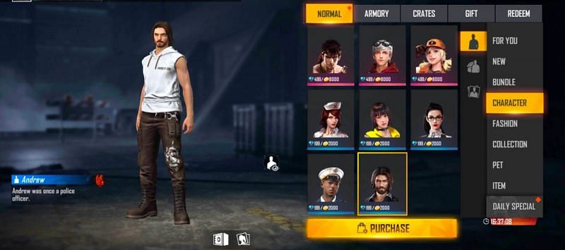 Andrew (Armor Specialist) is available at 2000 gold coins (Image via Free Fire)