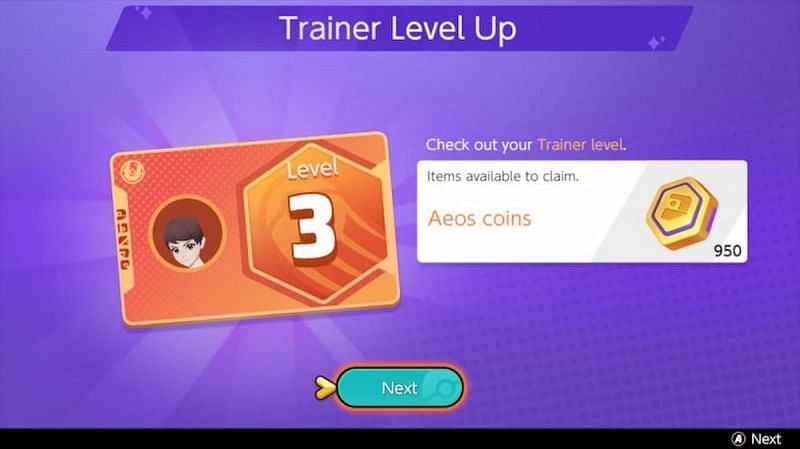 A trainer earning Aeos Coins from leveling up. (Image via The Pokemon Company)