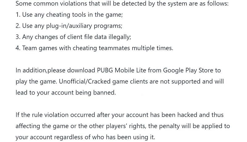 A snippet from the official FAQ of PUBG Mobile Lite (Image via Tencent Games)