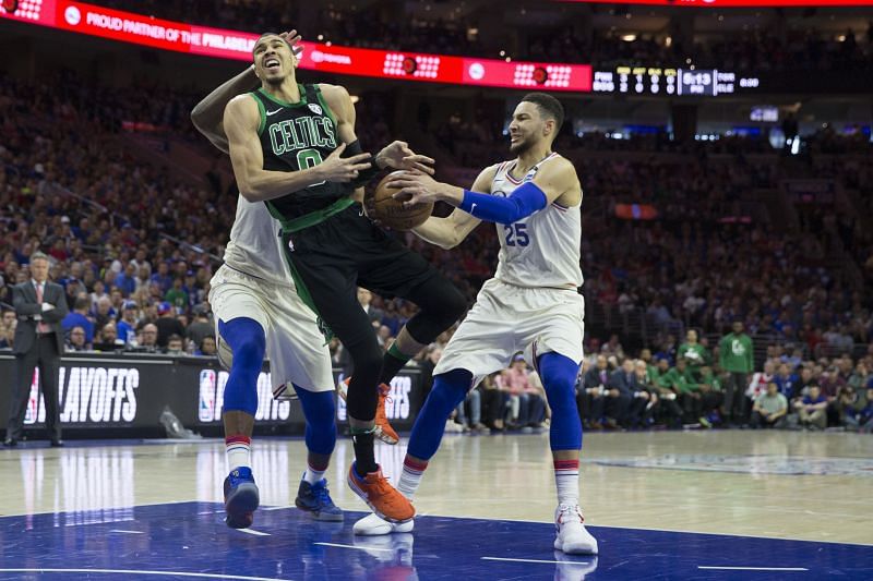 Ben Simmons #25 of the Philadelphia 76ers steals the ball from Jayson Tatum #0 of the Boston Celtics in the first quarter during Game Three of the Eastern Conference Second Round of the 2018 NBA Playoff at Wells Fargo Center on May 5, 2018 in Philadelphia, Pennsylvania. The Celtics defeated the 76ers 101-98.