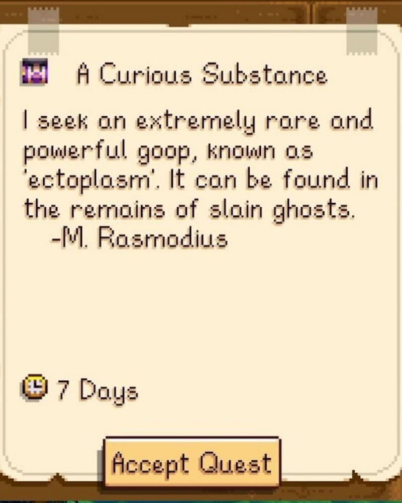 A Curious Substance quest in Stardew Valley (Image via ezlilyy on YouTube)