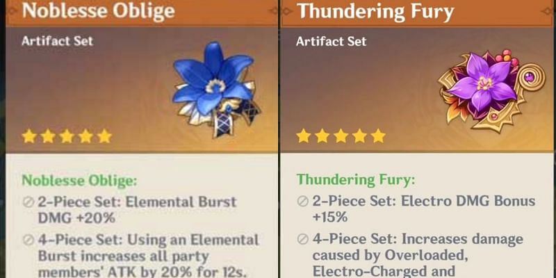 Noblesse Oblige and Thundering Fury artifacts (Image via Genshin Impact)