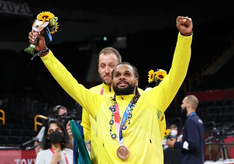 Patty Mills of Team Australia celebrates with his bronze medal during the Men&#039;s Basketball medal ceremony on day fifteen of the Tokyo 2020 Olympic Games at Saitama Super Arena on August 07, 2021 in Sait