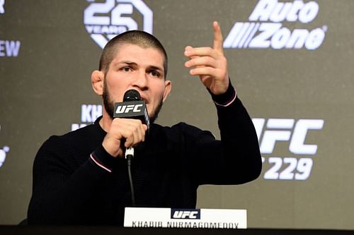 Russian MMA superstar Khabib Nurmagomedov speaks during a UFC 229 press conference