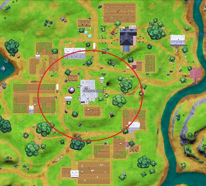 Probable radius to build strucutures at Corny Complex (Image via Fortnite.GG)