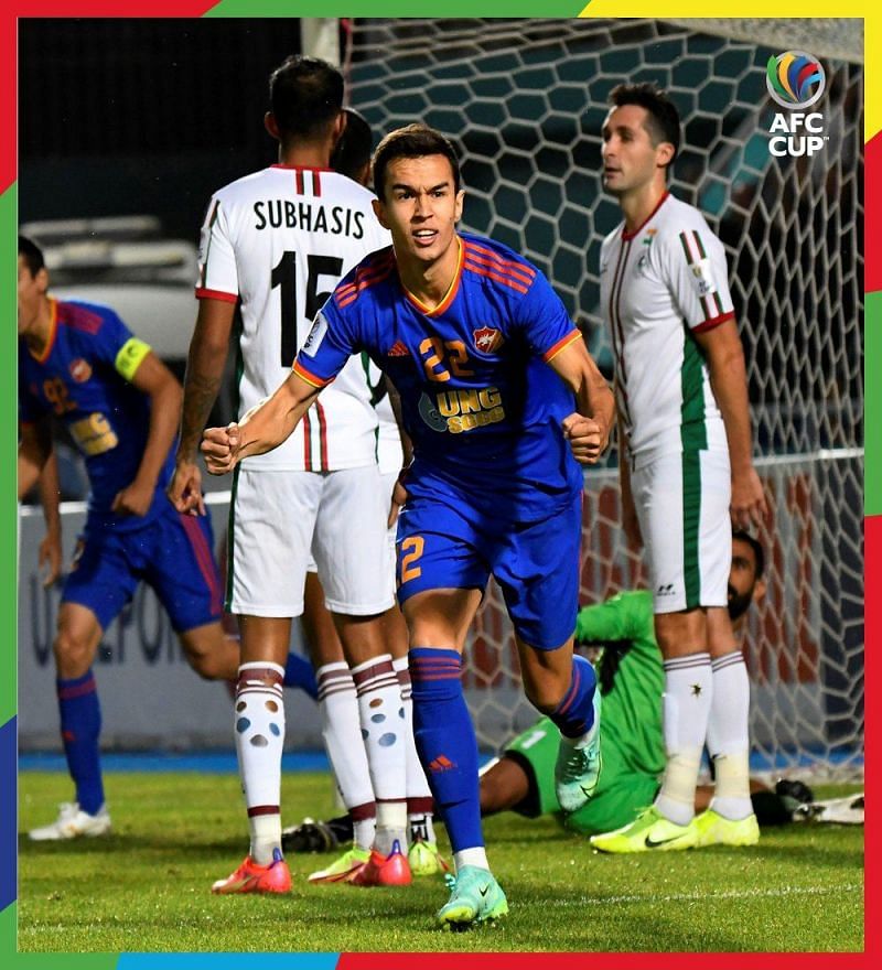 FC Nasaf&#039;s Umar Eshmurudov celebrates his side&#039;s first goal against ATKMB. (Source: AFC Cup 2021 Twitter)