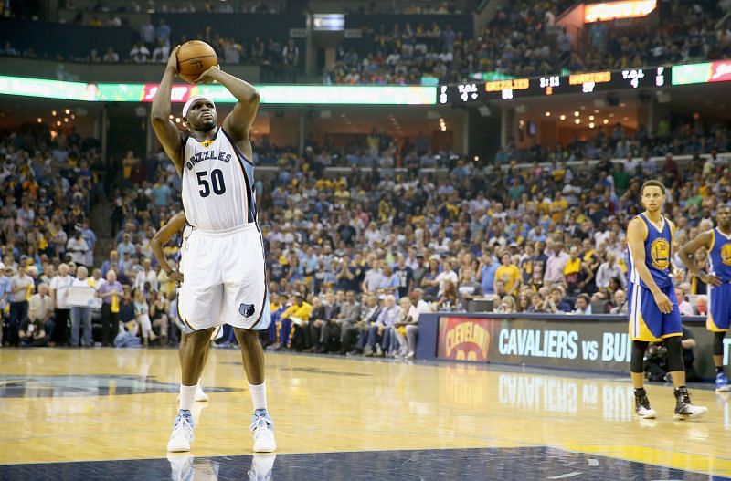 Zach Randolph #50 of the Memphis Grizzlies shoots a free throw against the Golden State Warriors during Game three of the Western Conference Semifinals of the 2015 NBA Playoffs at FedExForum on May 9, 2015 in Memphis, Tennessee.