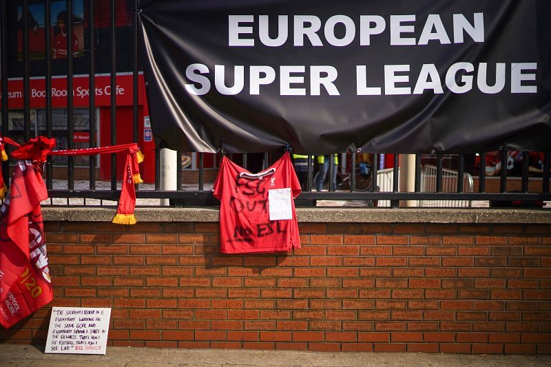 A statement of protest against the European Super League by Liverpool fans outside Anfield