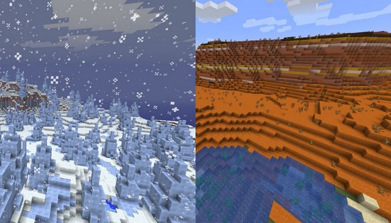 Ice Spikes, one of the coldest biomes, and Badlands, one of the warmest (Images via Minecraft)