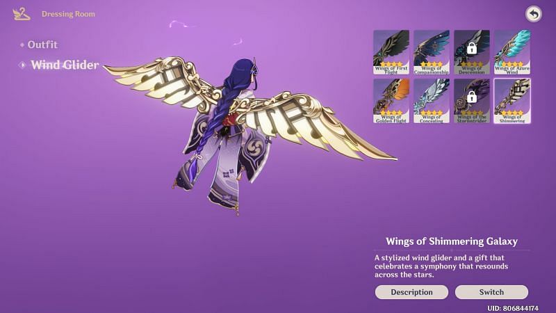 Wings of Shimmering Galaxy glider in Raiden Shogun&#039;s dressing room (Image via Genshin Impact)