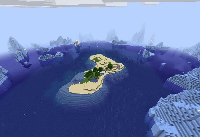 An island surrounded by icebergs (Image via Minecraft)