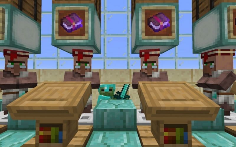 Villagers in a trading hall (Image via Minecraft)