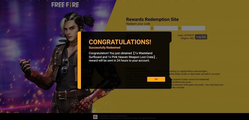 The reward works in most of the servers(Image via Free Fire)
