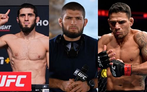 Islam Makhachev (left); Khabib Nurmagomedov (center); Rafael dos Anjos (right)