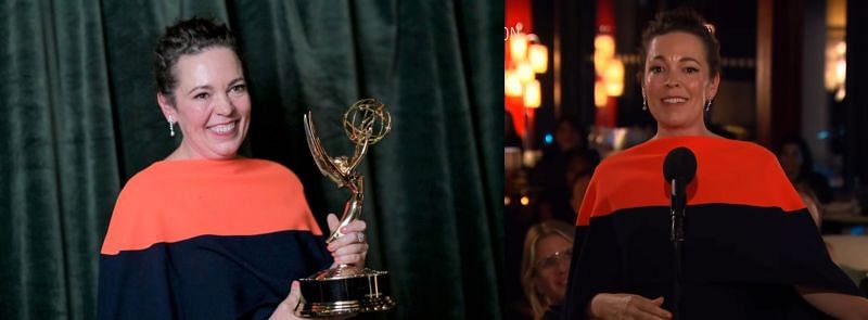 Olivia Colman at the Emmys 2021 (London) during her acceptance speech (Image via Gareth Cattermole/Getty Images, and Television Academy)