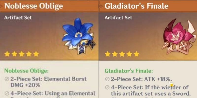 Noblesse Oblige and Gladiator&#039;s Finale artifacts (Image via Genshin Impact)