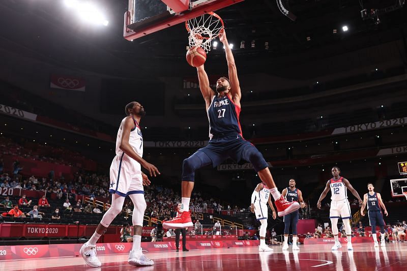 Rudy Gobert (#27) of Team France and Utah Jazz dunks.