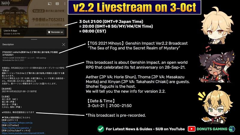 Translations for the 2.2 livestream details (Image via Donuts Gaming)