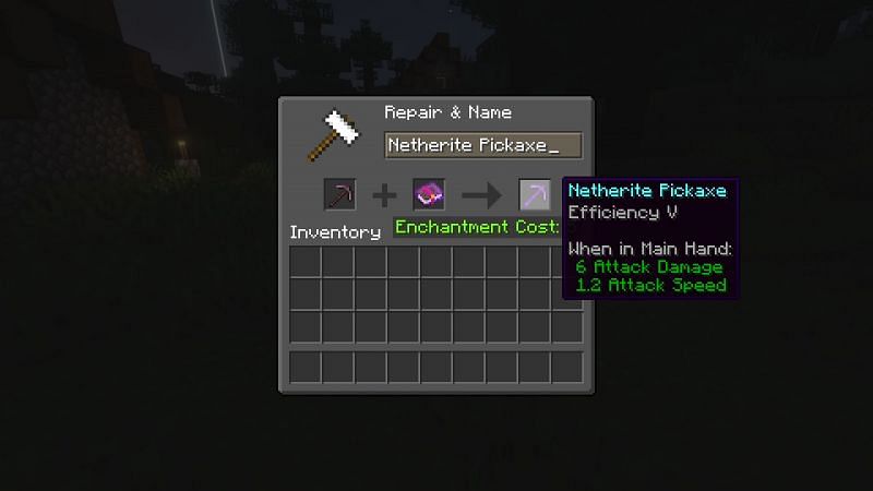 Applying Efficiency V on a pickaxe (Image via Minecraft)
