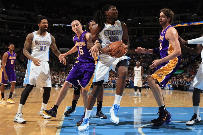 Kenneth Faried in action during an NBA game against the LA Lakers.