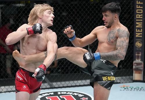 Paddy Pimblett (left) in action against Luigi Vendramini (right) at UFC Vegas 36 (Photo Credit: Getty Images)