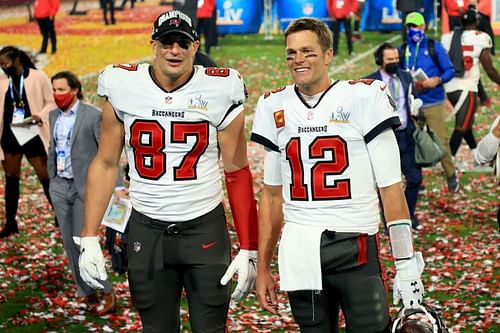 Tom Brady and Rob Gronkowski after winning Super Bowl LV