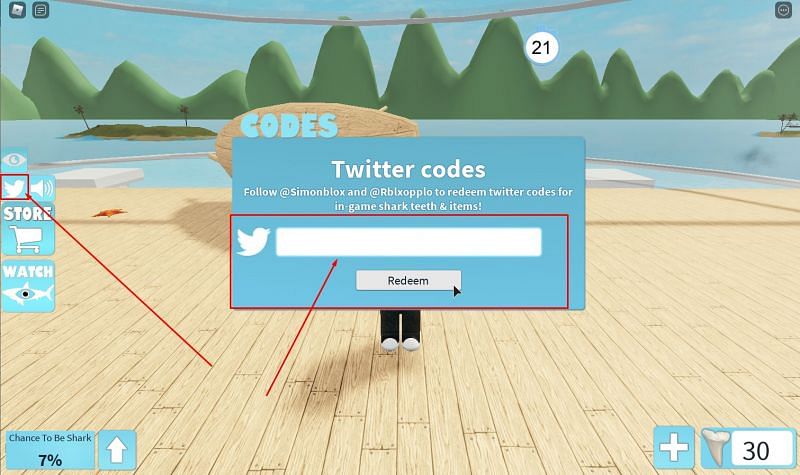 The code redemption window for SharkBite. (Image via Roblox Corporation)