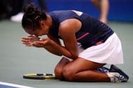 Leylah Fernandez celebrates her win over Elina Svitolina at the 2021 US Open