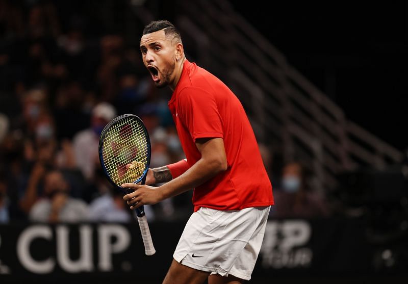 Nick Kyrgios during his match against Stefanos Tsitsipas at the 2021 Laver Cup