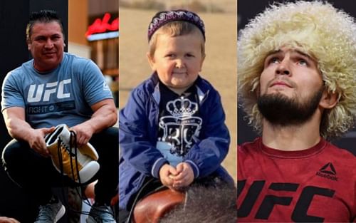 Javier Mendez (left); Hasbulla (center); Khabib Nurmagomedov (right). (Hasbulla image courtesy: @hasbulla_ on Instagram)